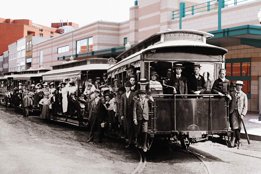 Then and Now photo of streetcar with public library